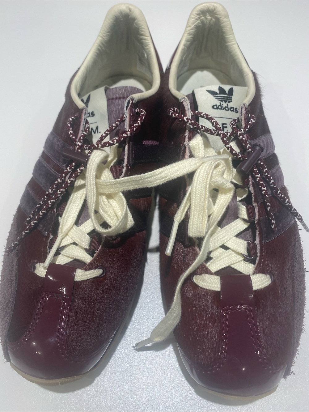 adidas Burgundy Pony Hair Sneakers with Cream Laces